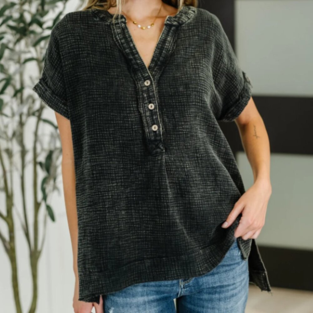 Ash Black V-Neck Acid Wash Top